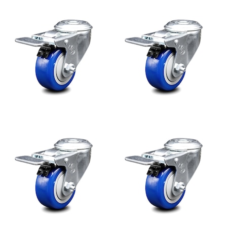 Service Caster 3 Inch Blue Polyurethane Swivel Bolt Hole Caster Set with Total Lock Brake SCC SCC-BHTTL20S314-PPUB-BLUE-4